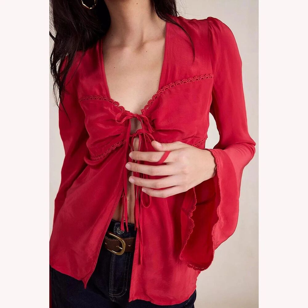 Free people Bali Ariel Tunic Tie Top Embroidered Lace Bell Sleeve Solid M 288706